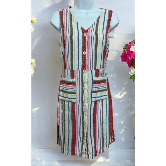 Old Navy Striped Linen Blend Dress Sz Small Sleeveless Button Front Pockets - Picture 3 of 11